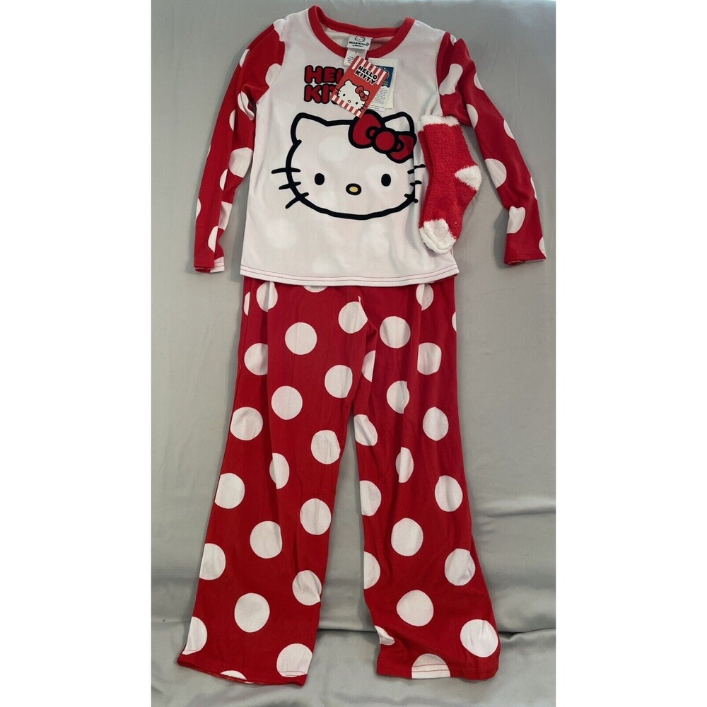 Hello Kitty Pajamas Girls Size 8 Red and White Top Bottoms Socks Set
